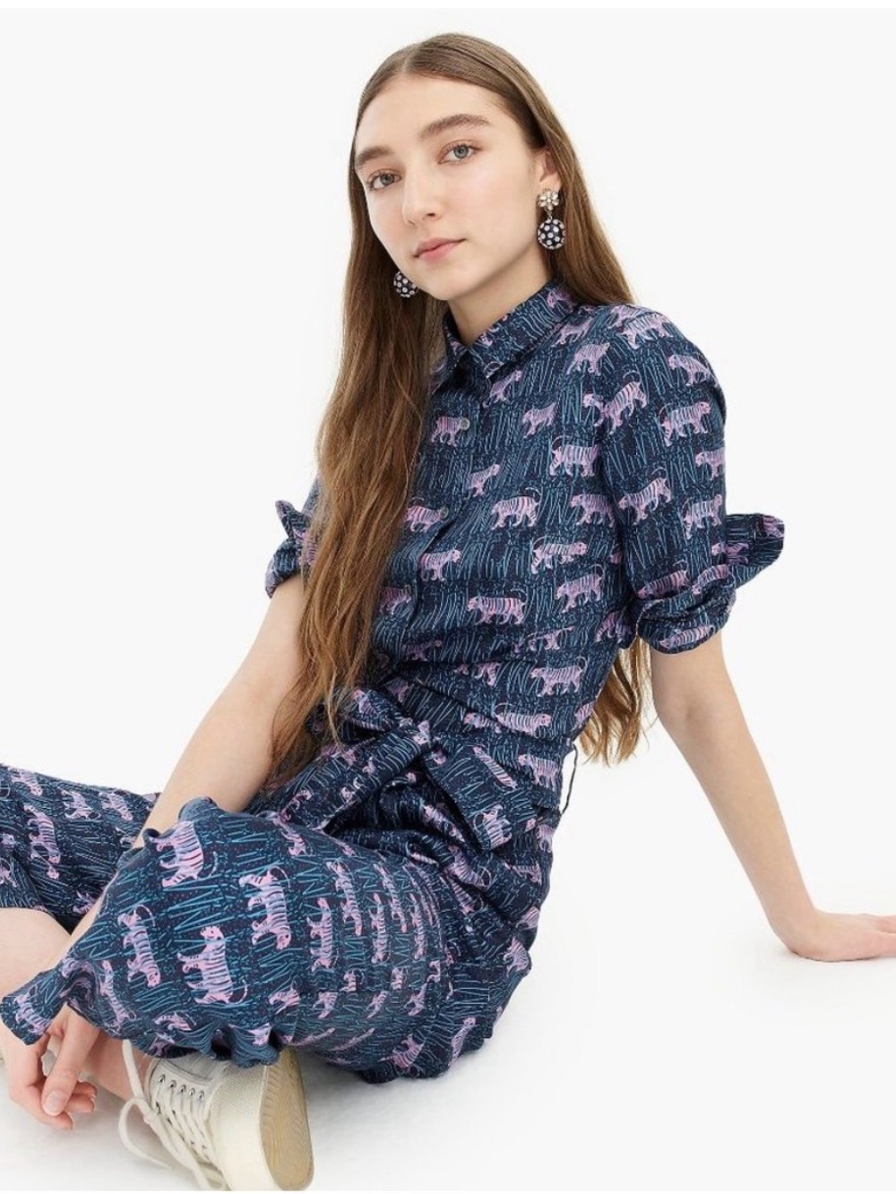 J Crew Collection Silk shirt + pants set Tiger Jungle Print Sz 4 Womens Pajama